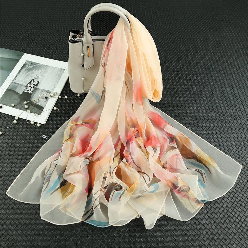 Printed Chiffon Silk Scarf Women 90*180cm Oversized Sunscreen Holiday Seaside Beach Shawl