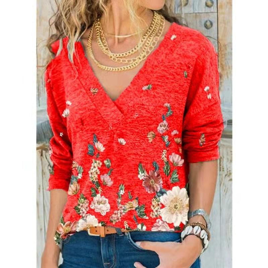 Women's Clothing Autumn and Winter Fashion Ladies V-neck Flower Print Long-sleeved Casual Loose T-shirt Plus Size