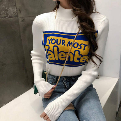 Funky Letter Knitwears Turtleneck Slim Fit Bottoming Shirt Solid Color Pullover Sweater Top