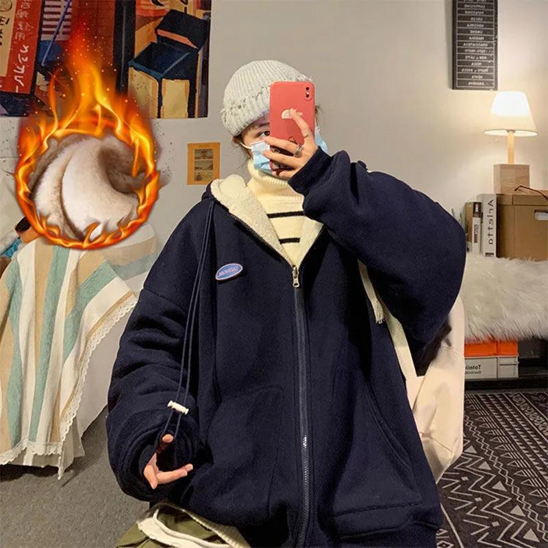 Zipper Cardigan Lamb Plush Hooded Sweater Plus Velvet Thick Winter Loose Jacket Casual Top Comfortable Sports Top Warm Cotton Clothes