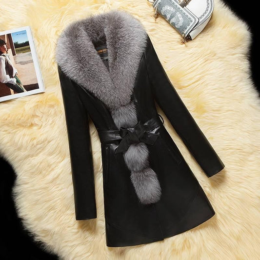 Autumn Winter OL Style Pu Leather Coat Women Mid-length Thick Faux Fur Collar Silk Wadding Parka Overcoat with Belt