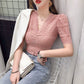 Lace Blouse Women Bubble Sleeve Sexy Tight V-neck Short Sleeve T-Shirt Top Net Red Ins Small Shirt