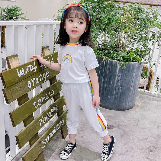Girls Breathable Pullover Short Sleeve Rainbow Print Top + Loose Sports Pants Summer Cool and Leisure Two-piece Children's Comfortable Clothes