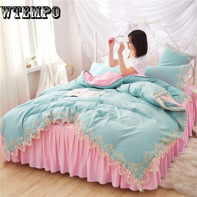 Princess Style Duvet Cover Set Cotton Bedding Sets Girls Cute Lace Bed Skirt Bedding Sets