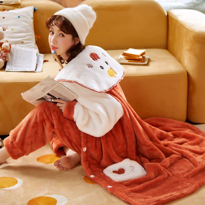Christmas Pajamas Party Autumn and Winter Flannel Pajamas Ladies Cute Bathrobe Thickening Plus Velvet Coral Velvet Long Night Gown Home Service Suit