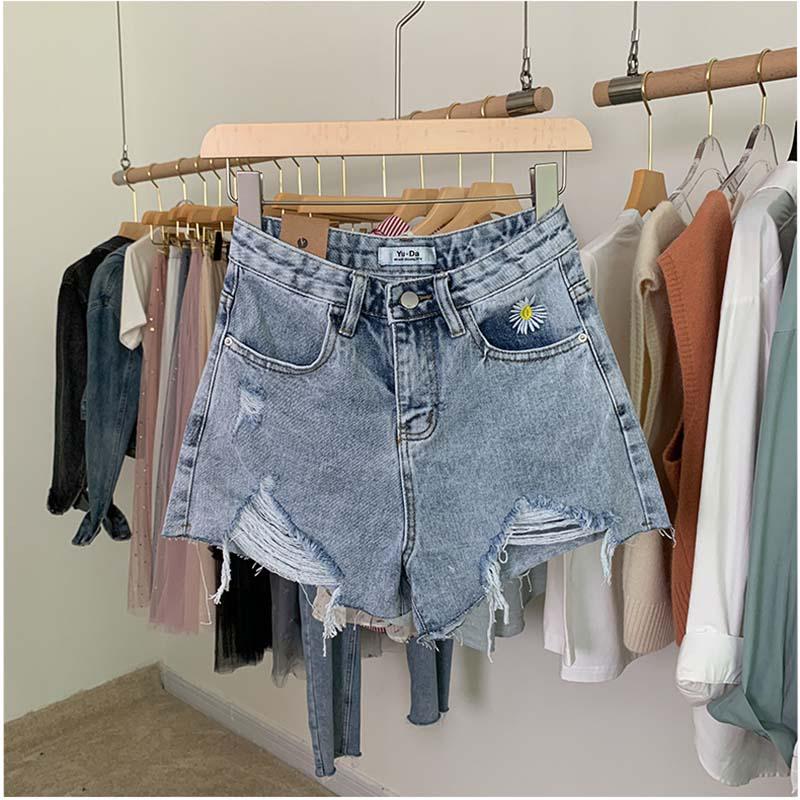 Summer denim shorts women high waist was thin little daisy embroidery loose hole wide leg pants