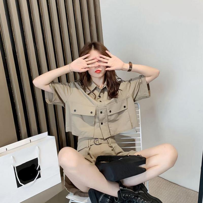 Two-piece Suit Women's Summer Casual Fashion Loose Tooling Korean Wide-leg Pants Suit Solid Color Top and Shorts