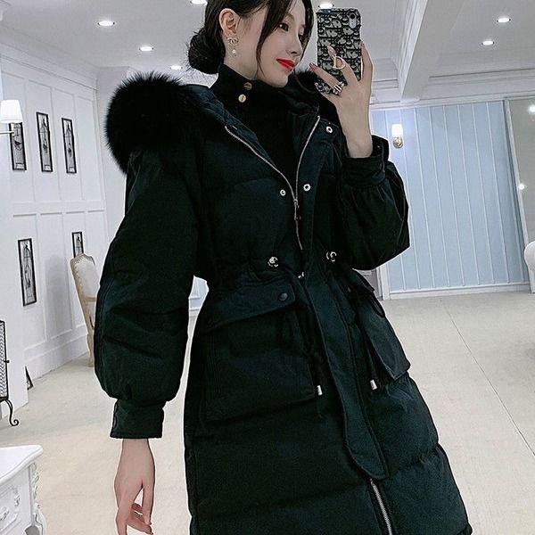 Trendy Fashion Waist Hooded Fur Collar Women's Down Jacket Autumn and Winter Plus Velvet Thickening Warm Loose Casual White Duck Down Down Jacket