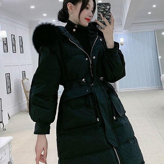 Trendy Fashion Waist Hooded Fur Collar Women's Down Jacket Autumn and Winter Plus Velvet Thickening Warm Loose Casual White Duck Down Down Jacket