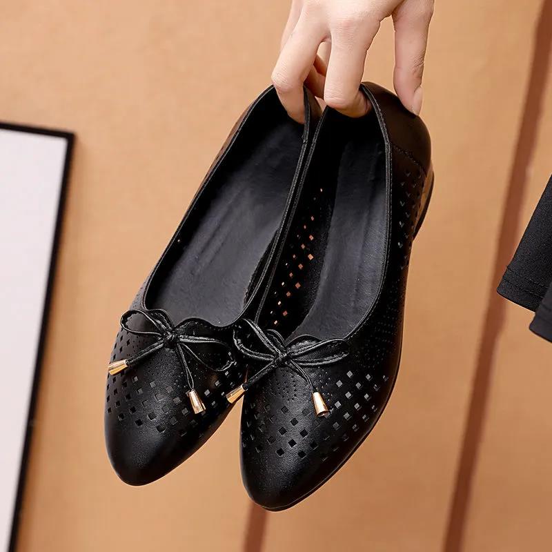 Women's Shoes Spring Flat Hollow Pumps Soft Leather Shoes Bow Low Heel Soft Sole