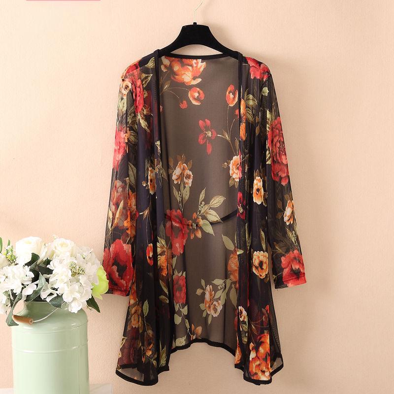 Women's Sun-Dress 1pcs Chiffon Cardigan Flowers Sun Protection Clothing Mid-length Plus Size Loose Outer Thin Coat Beach Air-conditioned Rooms