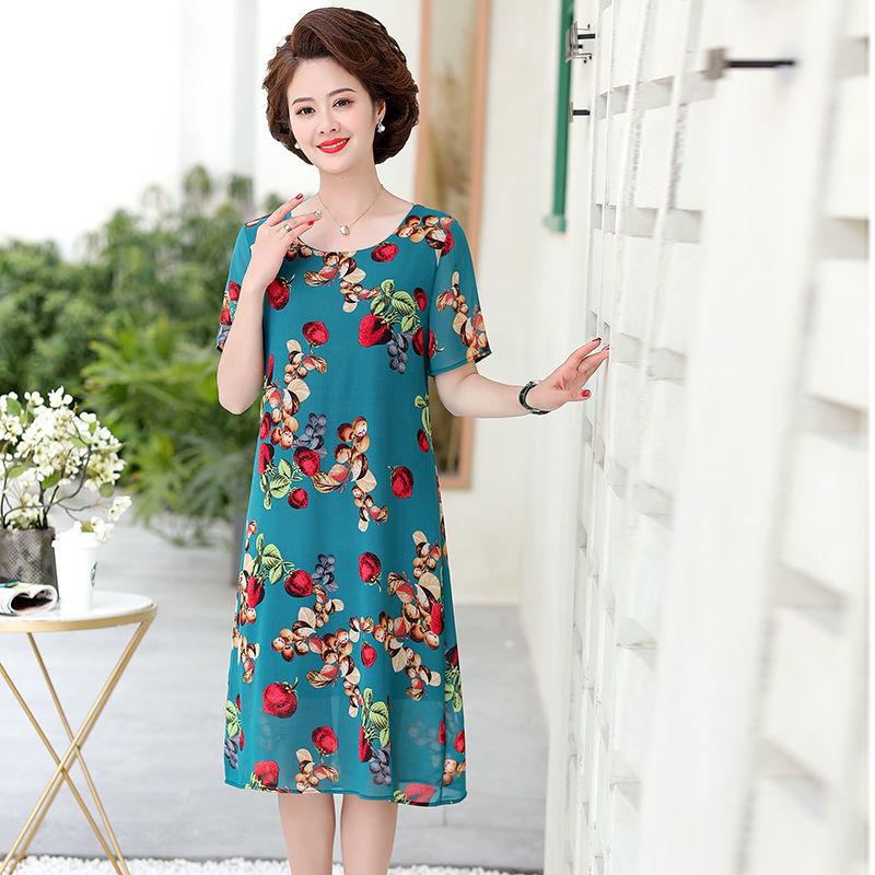 Chiffon Dress Loose Large Size Short Sleeve Summer Middle-aged Women's Dress