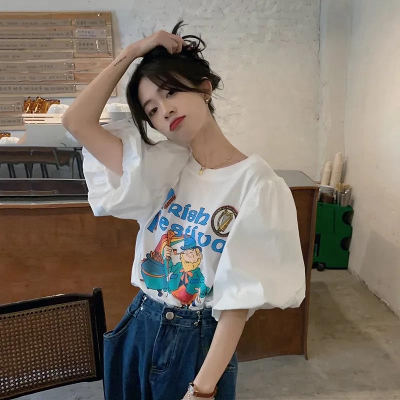 Short Sleeve T-Shirt Women Summer Print Round Neck Puff Sleeve Top