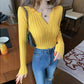 Pofulove Autumn and Winter Solid Color Long-sleeved Shirt V-neck Slim-fit Slim Sweater Women