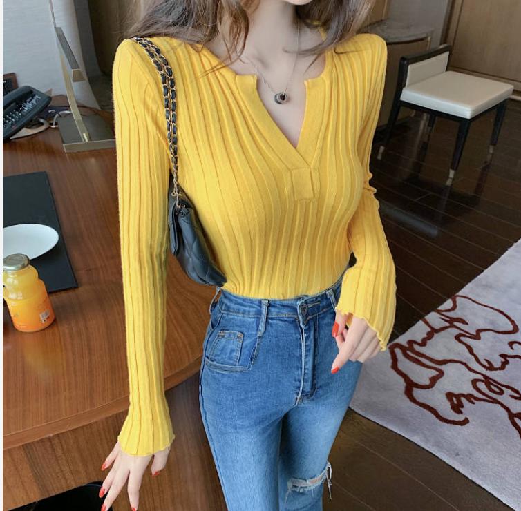 Pofulove Autumn and Winter Solid Color Long-sleeved Shirt V-neck Slim-fit Slim Sweater Women