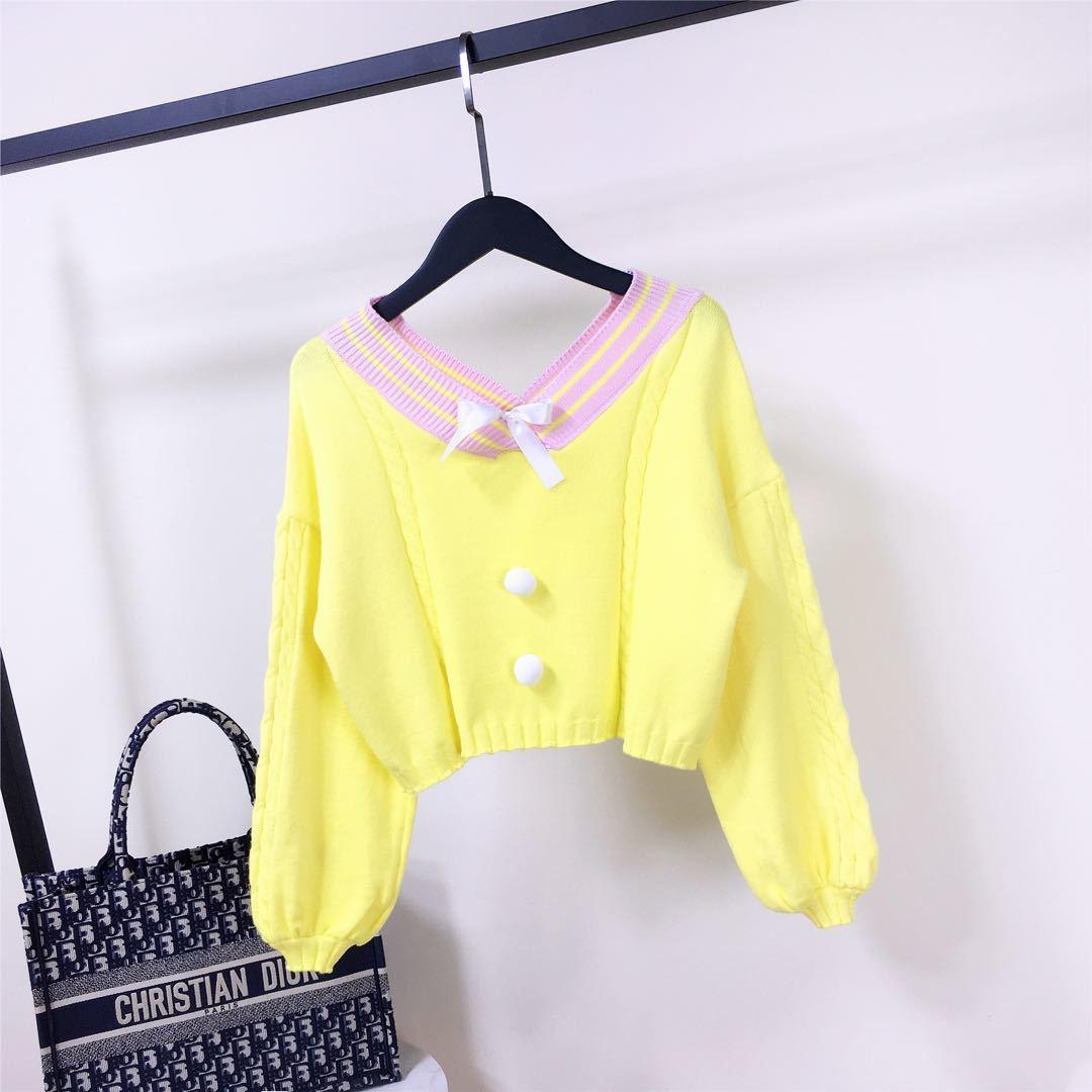 Spring and Autumn Short Sweater Puff Sleeve Waist All-match Blouse Sweet Style V-neck Female Blouse