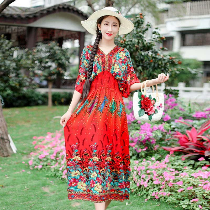 Ethnic Style Women's Print Mid-length Five-point Sleeve V-neck Loose Skirt Mom's Beach Holiday Skirt