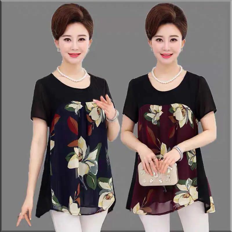 Women's Summer Short Sleeve Chiffon Shirt Mommy's Large Size Loose Floral Top