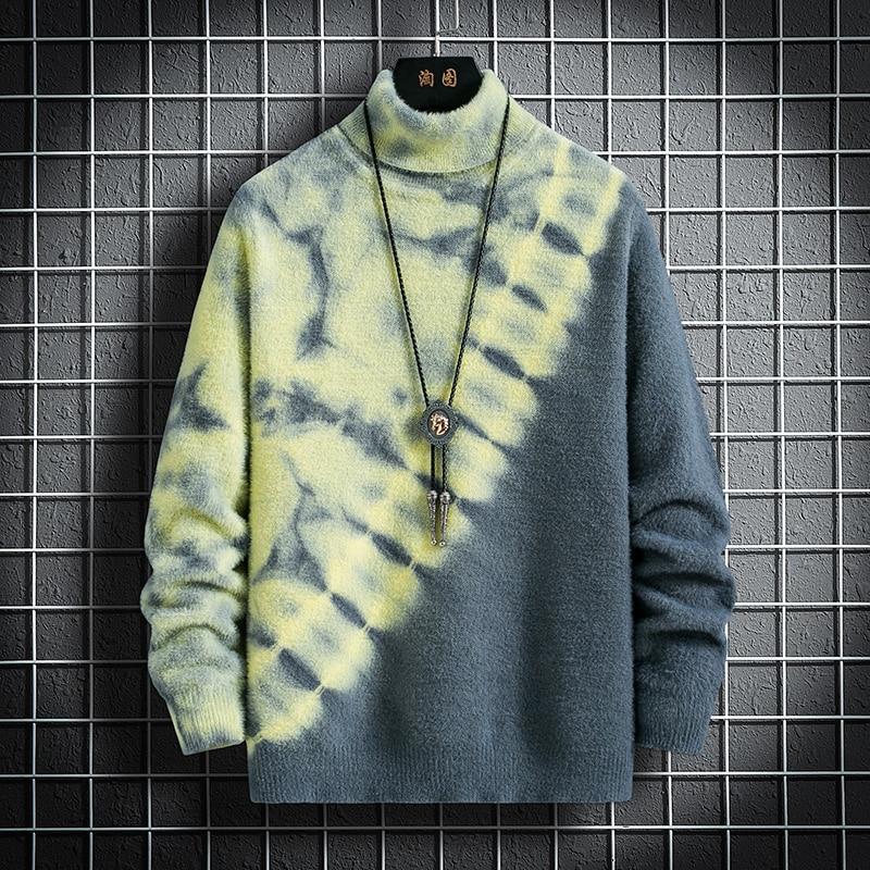 Sweater Winter Men's Knitted Pullover Casual Hip Hop Print Warm Turtleneck Imitation Mink Sweaters Man Tops
