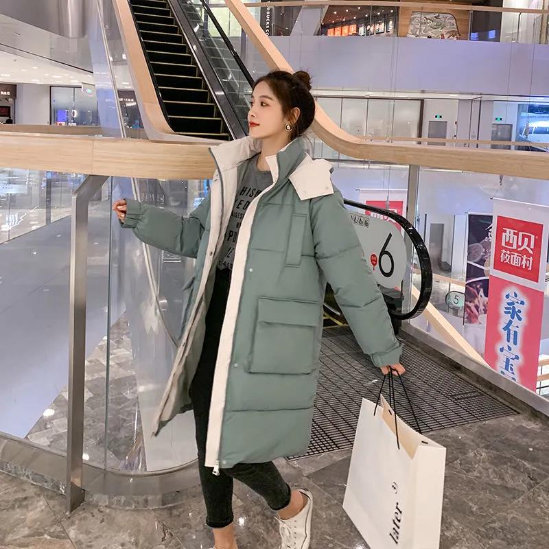 Winter Women's Down Padded Jacket Korean Style Stand-up Collar Hooded Padded Jacket Thickened Warm Mid-length Padded Jacket