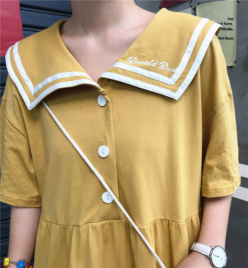 Sailor Suit  Cute Sweet Girl Ruffle College Style Age Reduction Looser  Short Sleeve Dress