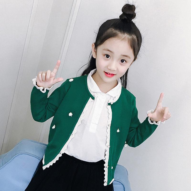 Korean Children's Autumn Sweater White Lace Cuff Knit Cardigan Long Sleeve Jacket