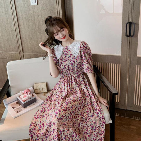 Ladies Chiffon Dress Summer Idyllic Floral Skirt Female Long Waist Waist Slimming Bottoming Dress Fabric Light and Breathable