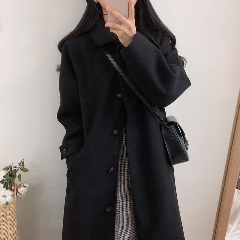 Black Long Woolen Winter Korean Style Over-the-knee Thick Coat for Female Students Loose and Thin Woolen Coat