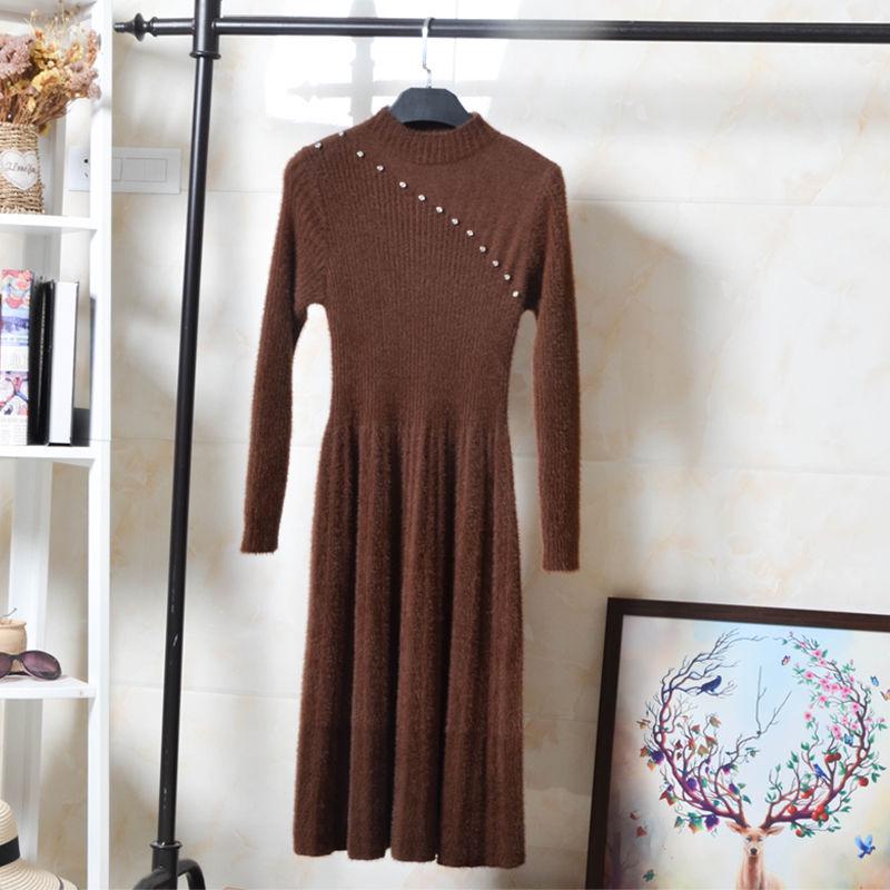 Casual Knitted Bottoming Shirt Mink Sweater Long Sleeve O-Neck Pullover Winter Long Dress