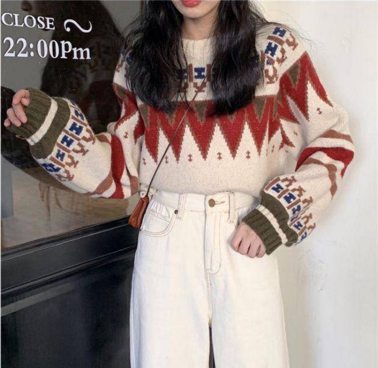 Vintage Sweater Long Sleeves O Neck Harajuku Loose Pullover Female Knitted Outwear Retro Sweater