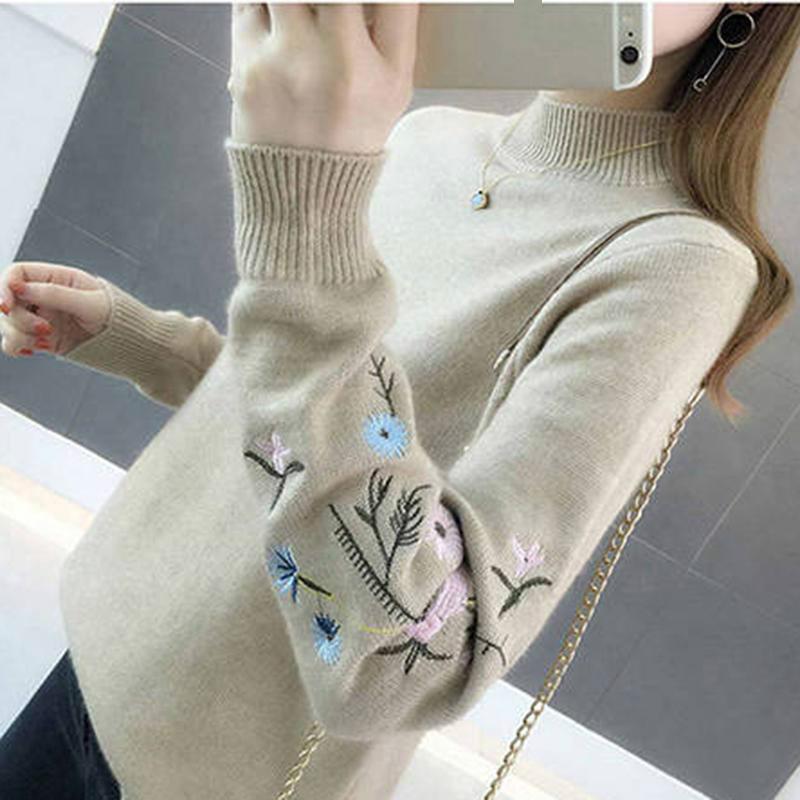 Women Embroidered Turtleneck Sweater  Loose Large Size Long Sleeve knit Sweater Pullover Top