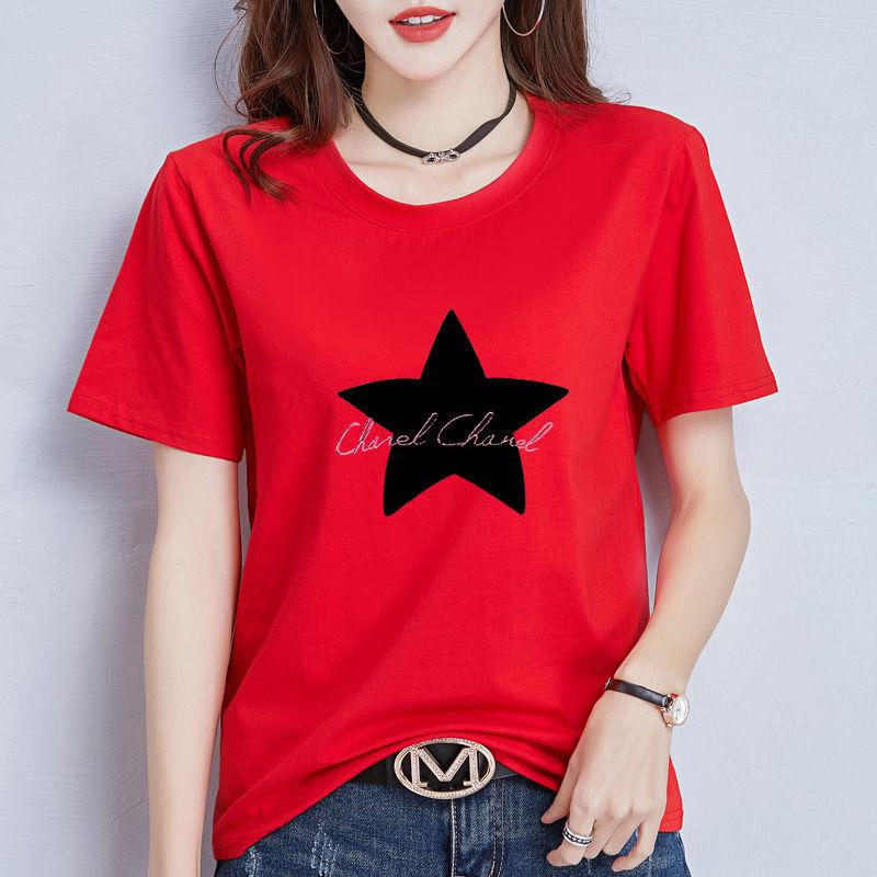 Women Summer T-shirt Solid Color Large Size Short Sleeve Cartoon Star and Letters Printed Loose Elastic Casual T-shirt