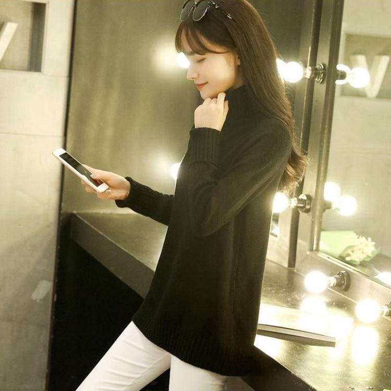 Women's autumn and winter solid color wearing warm winter sweater loose turtleneck sweater
