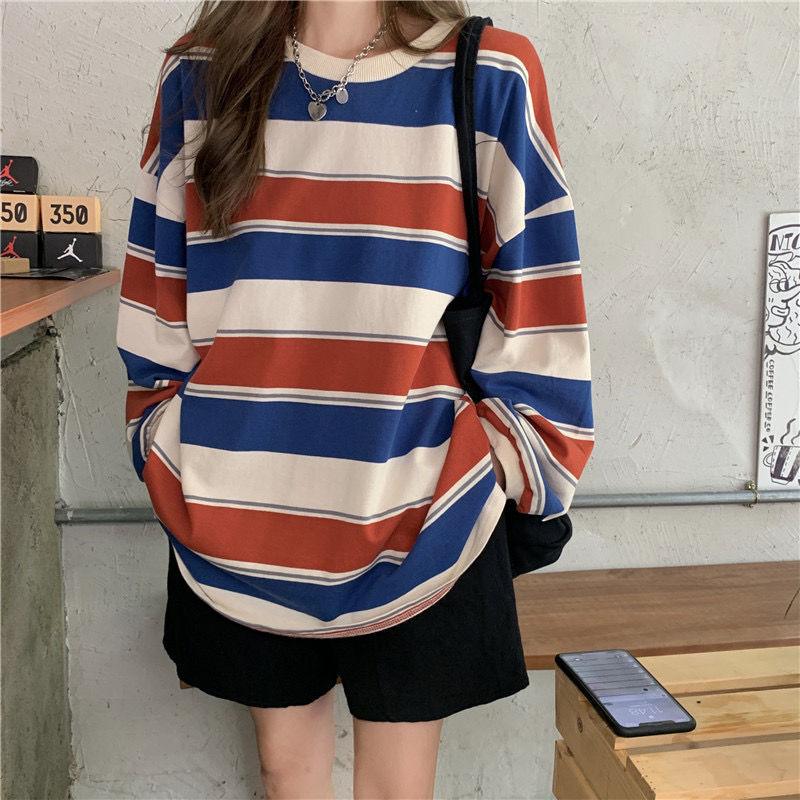 Striped T-Shirt Casual Autumn Ladies Loose Tee Female Women Long Sleeve Pullover