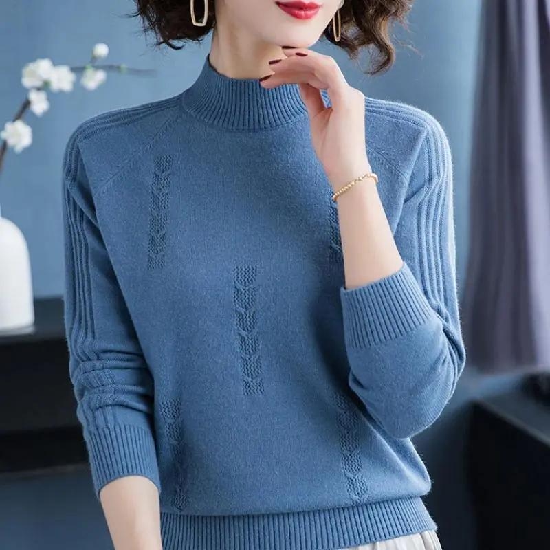 Sweater Women's Half Turtleneck Knitwear Pullover Korean Loose Solid Color Short Jacquard Trending Sweater Autumn and Winter Top