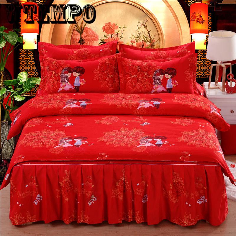 Winter Soft Padded Bed Skirt Set Bedroom Home Kits Bedding Cotton Four-piece Floral Print Quilt Cover