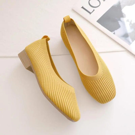 Knitted Flat Shoes Women's Spring Korean All-match Square Toe Peas Shoes Shallow Mouth Square Toe Knitted Single Shoes Slip on Breathable Granny Shoes