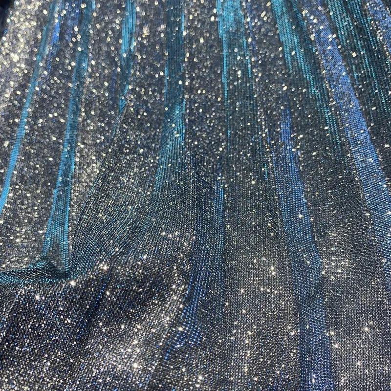 Spring Gradient Mesh Sequin Pleated Skirt Women's Mid-Length A-Line High Waist Skirt Starry Blue Sparkling Mesh Tutu Skirt