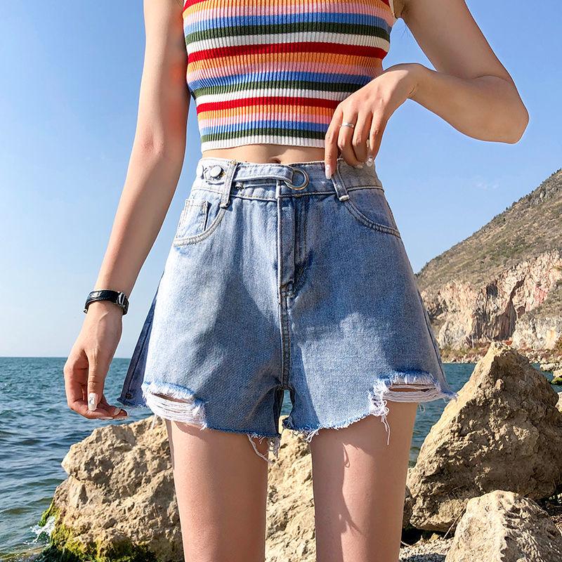 Summer denim shorts women's high waist loose students all-match slim thin hole wide leg fashion