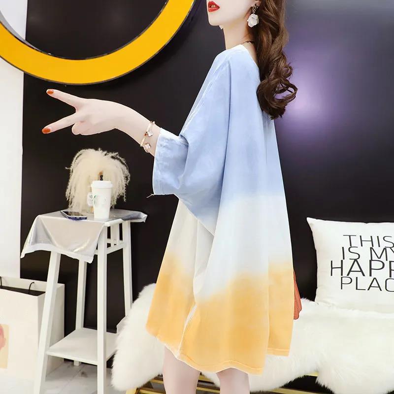 T-shirt Dress Stitching Color Gradient Women Dress Girl Loose V-Neck Batwing Sleeve Casual Long  Big Loose Home Comfort Outer Convenient