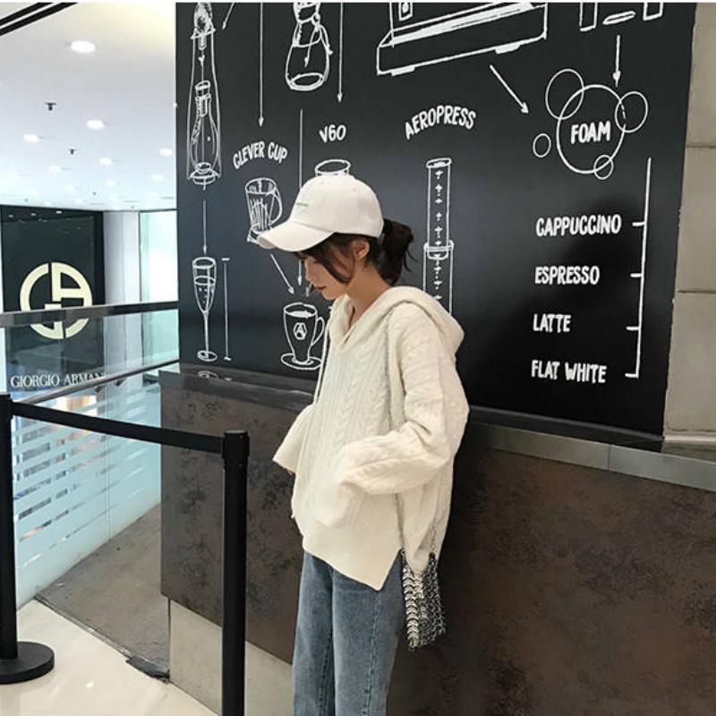 Pofulove Autumn Winter Solid Color Loose Korean Twist Hooded V-neck Sweater Women's Base Shirt