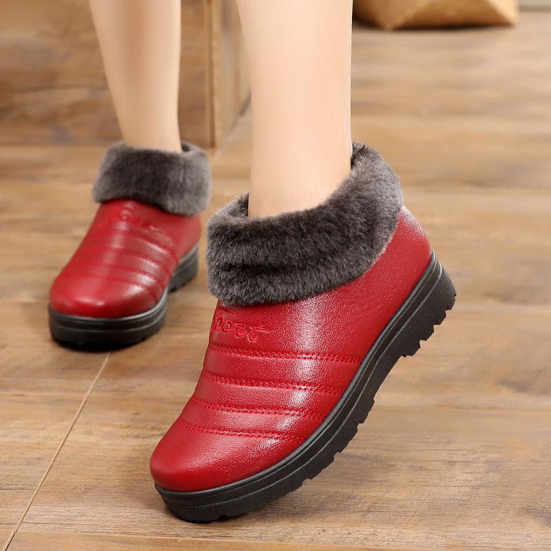 Winter Women's Cotton Shoes with Velvet To Keep Warm Anti-slip and Waterproof Leather Leather Cotton Shoes