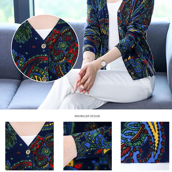 Autumn Winter Ladies V-Neck Cardigan Printing Sweater Coat