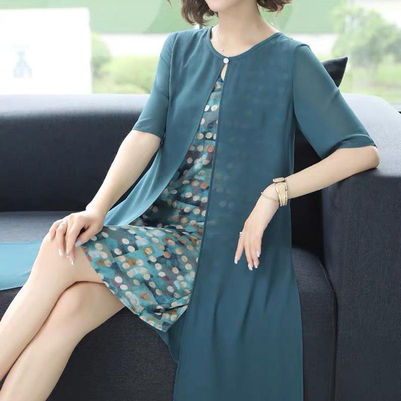 Ladies Dress Round Neck Large Size Loose Fake Two-piece Dress Chiffon Skirt Middle-aged Mother