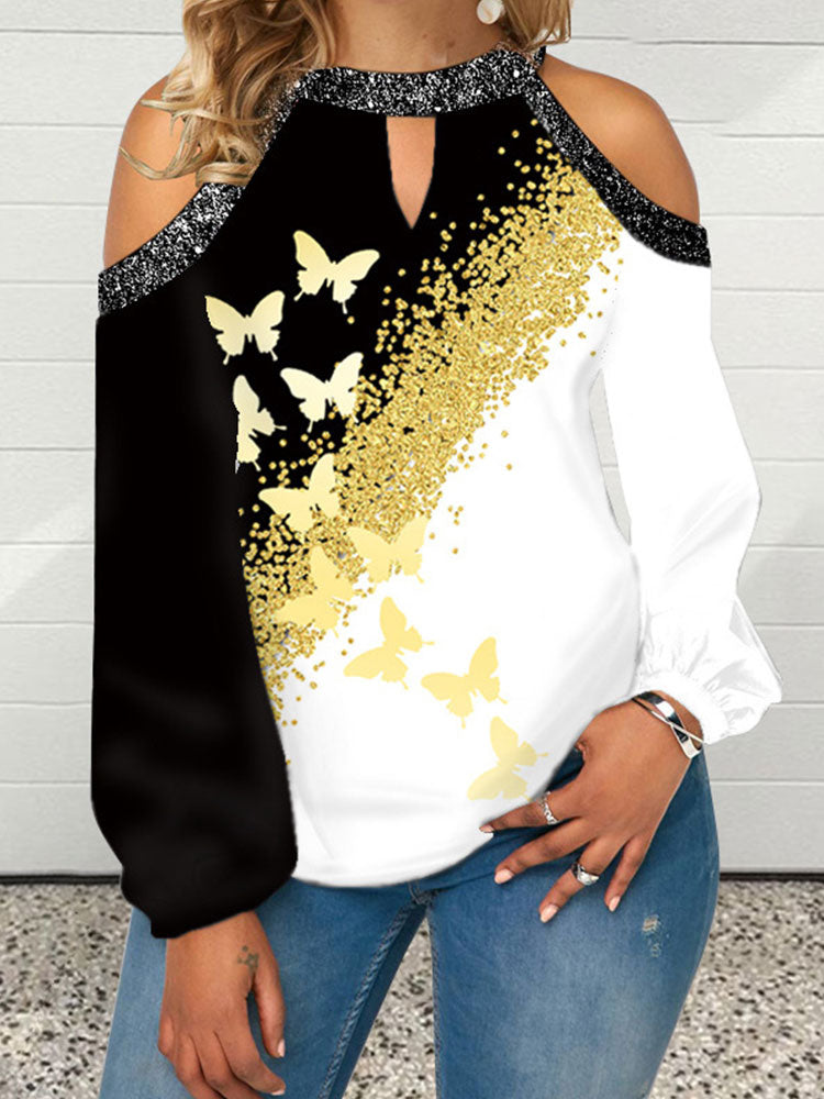 Butterfly Print T Shirt Casual Off Shoulder Cute Cat Loose Pullover Tops Fashion Autumn Clothes Long Sleeve Tops for Women 2022