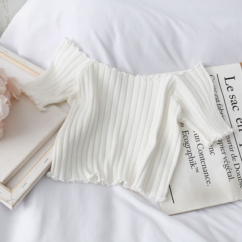 French Short Off Shoulder Knitting Shirt Female Summer Vertical Stripes Short Sleeve Ruffles Hem Crop Tops
