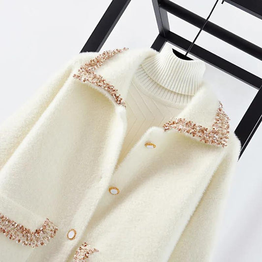 Autumn and Winter Korean Style Suit Collar Embroidery Loose Knit Jacket with Diamonds and Beaded Warm Sweater Cardigan