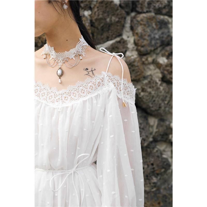 Sundress Lace Long Beach Dress Spagetti Strap Crochet Polka Dot Embroidery Sexy Boho Maxi Dress