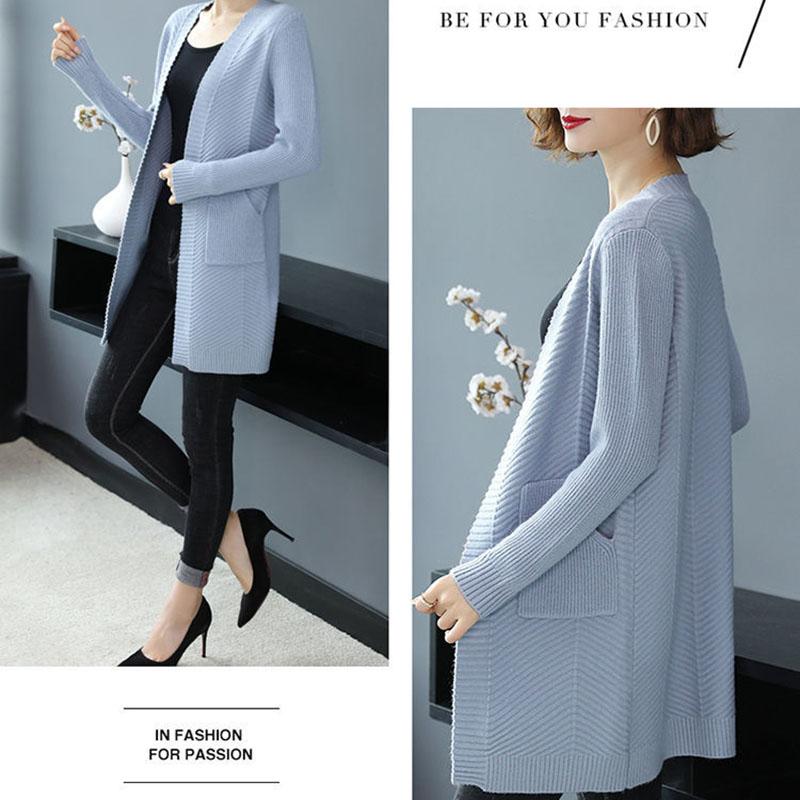 Autumn and Winter Wool Cardigan Sweater Large Size Medium and Long Loose Jacket Pure Color Simple Middle-aged Ladies Jacket