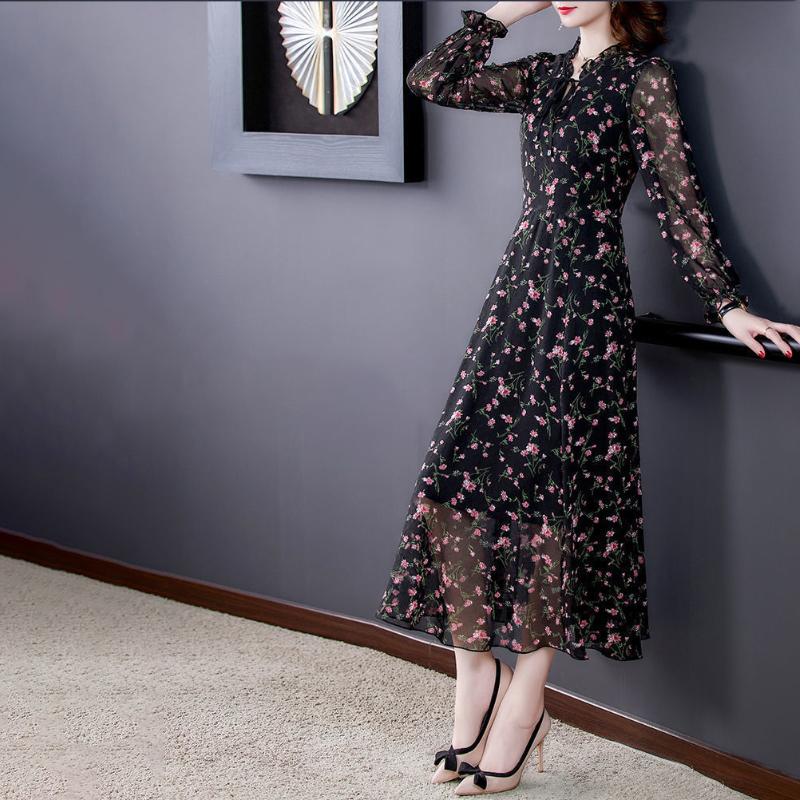 Spring Summer Plus Size Women's Floral Dress Chiffon Long-sleeved Dress Slim Slimming Casual Long Skirt